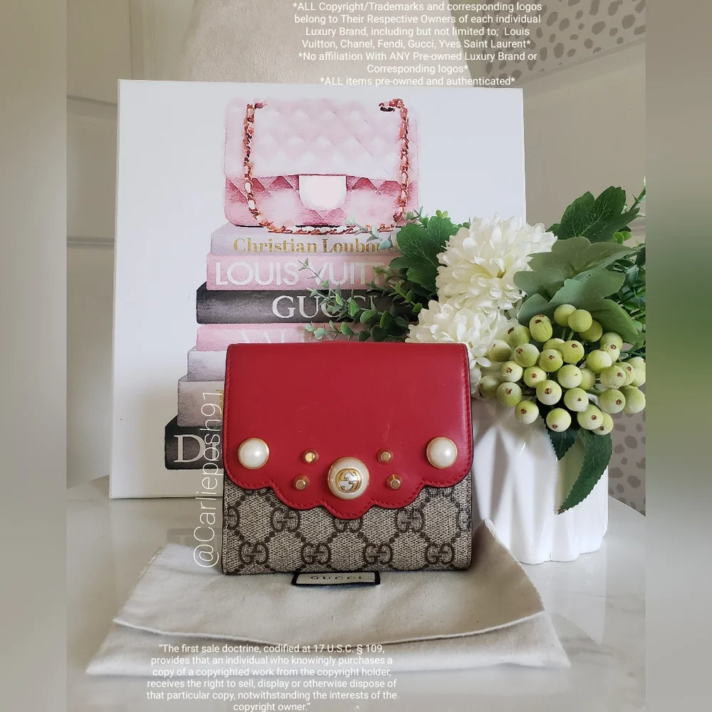 Authentic Pre-owned Gucci Peony Pearl Studded Compact Flap Wallet - Picture 2 of 16